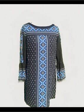 Ann Taylor Loft Blue / Black Print Shift Tunic Dress Small Petite - lightweight